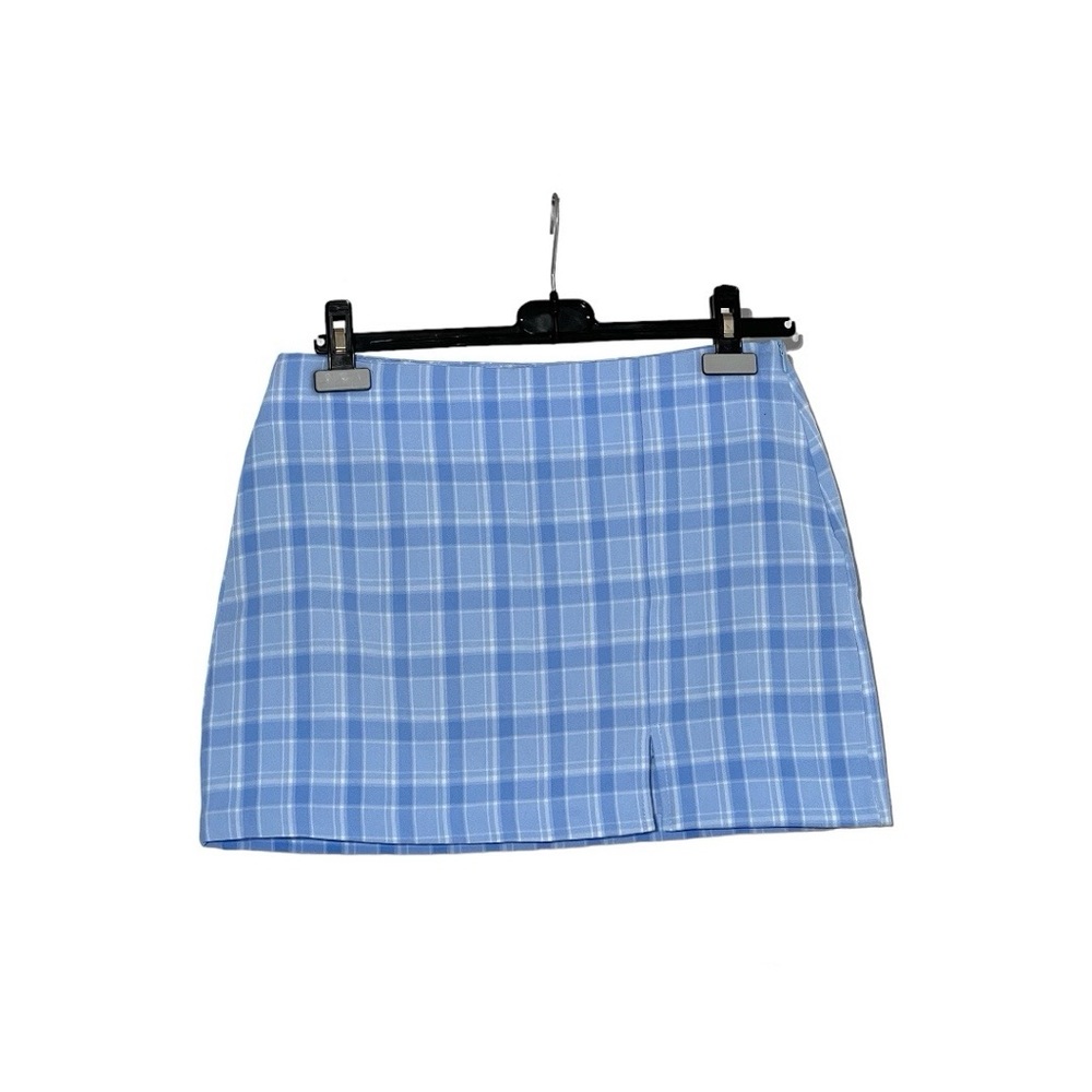 Blackup Korea Blue Plaid Mini Skirt with Front Slit